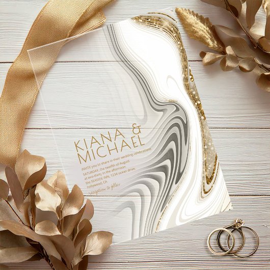 抽象芸術グリッター層結婚のアイボリーID903 アクリル招待状