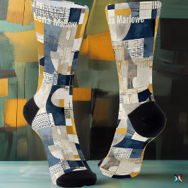 抽象芸術グリッドと円のパターンモダンカスタム ソックス