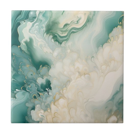 抽象芸術グリーンとフェイク金ゴールド水彩大理石 タイル (正面)