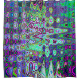 抽象芸術グリーンと紫の波状モザイクレトロ シャワーカーテン