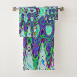 抽象芸術グリーンと紫の波状モザイクレトロ バスタオルセット
