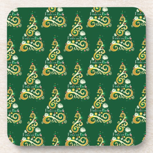 抽象芸術グリーンと金ゴールドクリスマスツリーパターン コースター (正面)