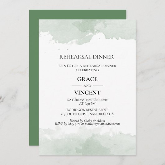 抽象芸術グリーンウォーター色のリハーサルディナー 招待状 (正面/裏面)