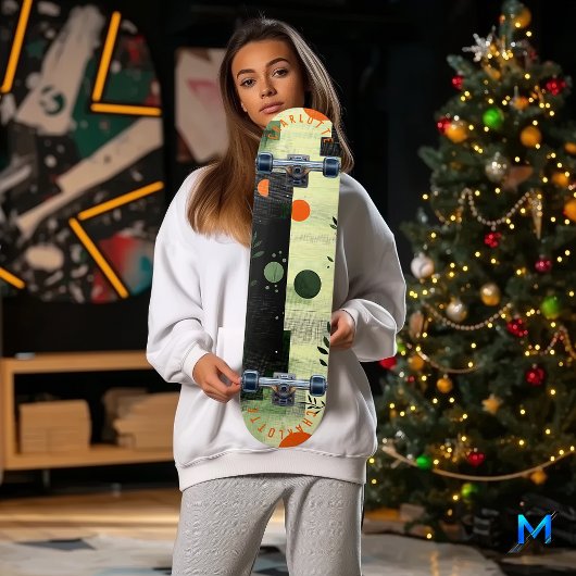 抽象芸術グリーンオレンジとミニマル幾何学付き スケートボード