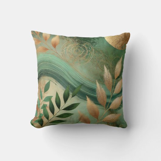 抽象芸術グリーンゴールデンリーフアートワークスタイル26 クッション (正面)