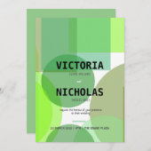 抽象芸術グリーンサークルと正方形の結婚式の招待 招待状 (正面/裏面)