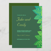 抽象芸術グリーンピーコックフェザー結婚式招待状 招待状 (正面/裏面)