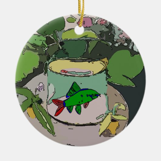 抽象芸術グリーンフィッシュ、追加、編集文字 セラミックオーナメント (正面)