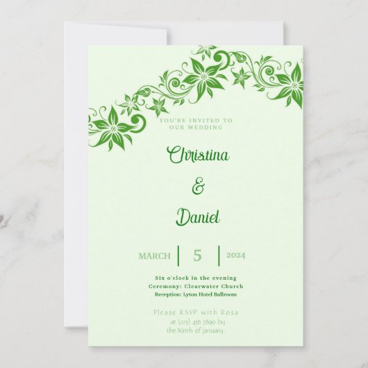 抽象芸術グリーンフローラ&葉結婚式招待状 招待状 (正面)