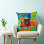 抽象芸術グリーンブルーオレンジブラウンカスタムモノグラム クッション (椅子)