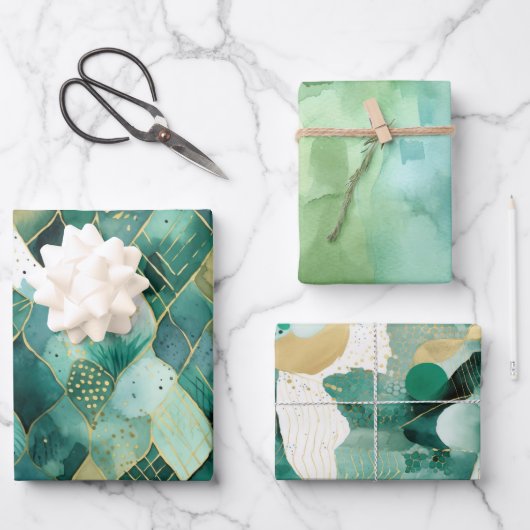 抽象芸術グリーン金ゴールド ラッピングペーパーシート (正面)