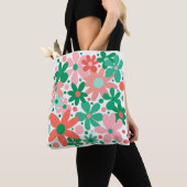 抽象芸術グリーン、サンゴ、ピンクの花とドットのトート。 トートバッグ (クローズアップ)