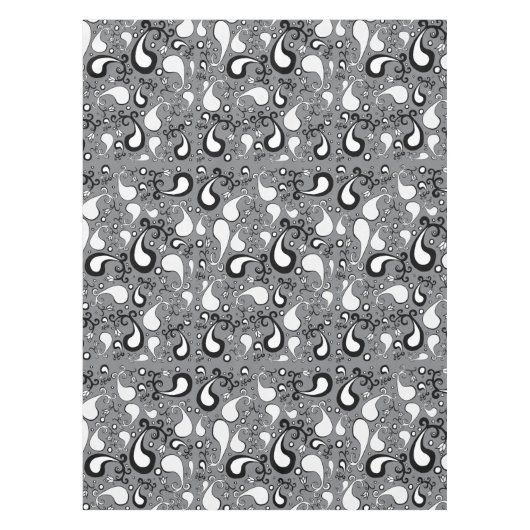 抽象芸術グレーと白のチューリップペイズリーパターン テーブルクロス (正面)