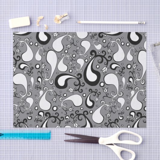 抽象芸術グレーと白のチューリップペイズリーパターン 薄葉紙 (クラフト)