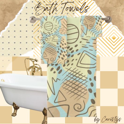 抽象芸術コンテンポラリーブルー、イエロー、メロン、ブラウン バスタオルセット