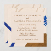 抽象芸術コンテンポラリーボタニカルブルーベージュ結婚ズ 招待状 (正面/裏面)