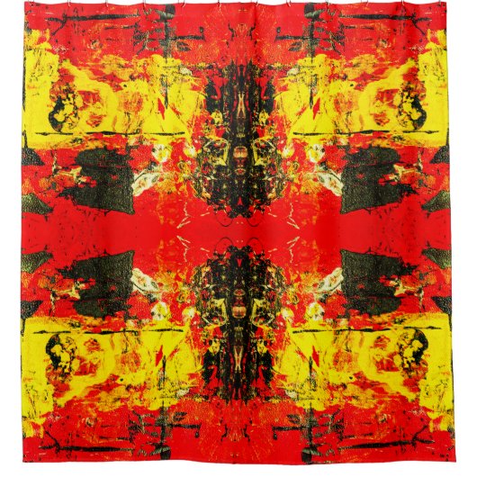 抽象芸術コンテンポラリーレッドイエローブラックグリッター シャワーカーテン (正面)