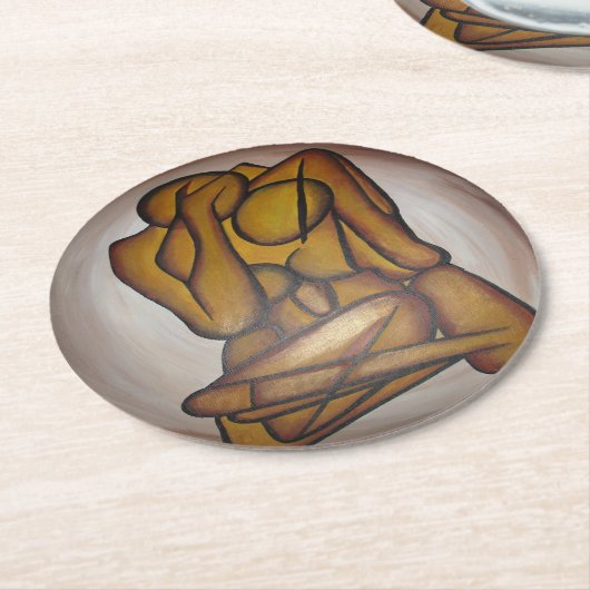 抽象芸術コンテンポラリー愛好家の芸術OchreとBrow ラウンドペーパーコースター (アングル)