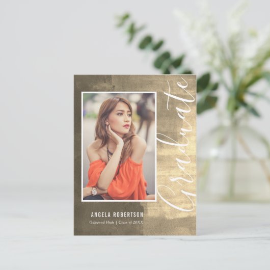 抽象芸術ゴールデンきらめく写真卒業 インビテーションポストカード (スタンド正面)