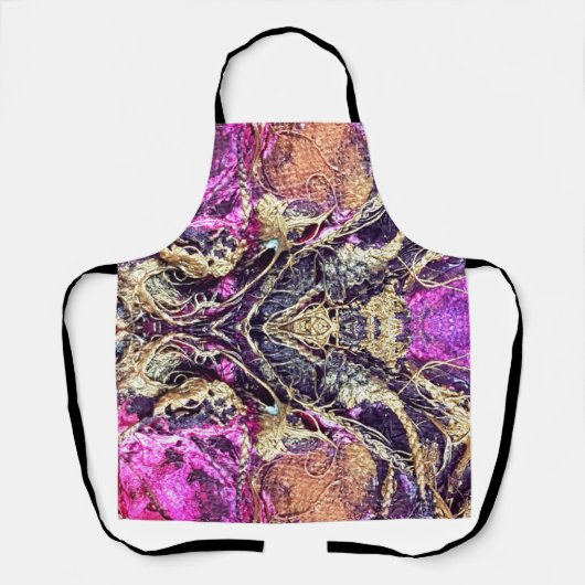 抽象芸術ゴールデンロープ&ブラック&ピンク絞り染め エプロン (正面)