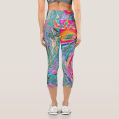 抽象芸術サイケデリックフローラ色の虹の波 カプリレギンス (裏面)