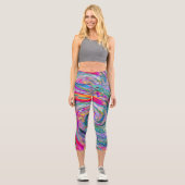 抽象芸術サイケデリックフローラ色の虹の波 カプリレギンス (正面)