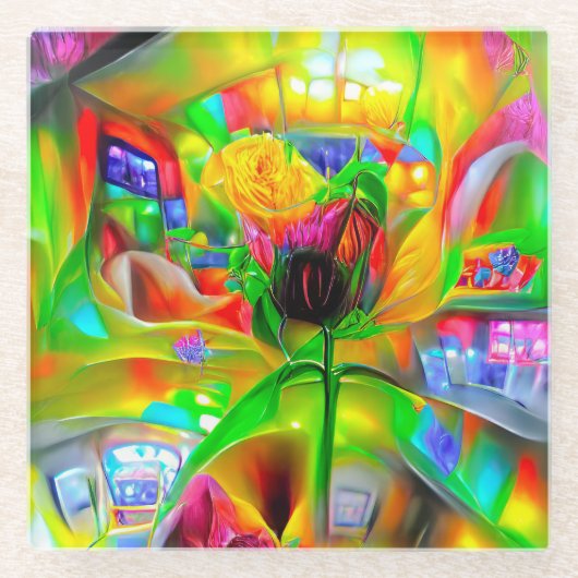 抽象芸術サイケデリック花 ガラスコースター (正面)