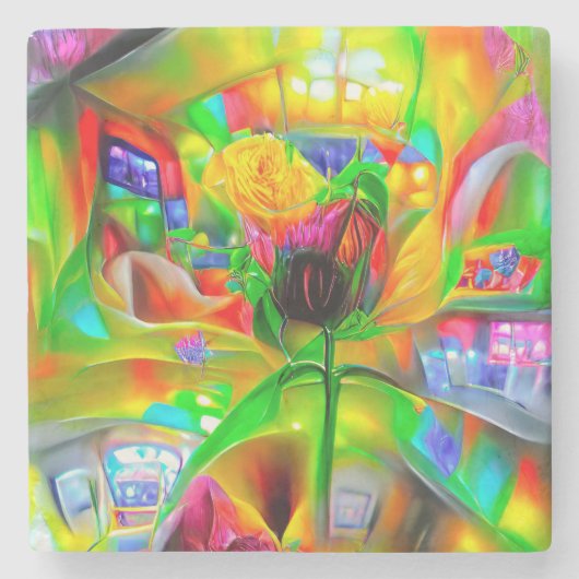 抽象芸術サイケデリック花 ストーンコースター (正面)
