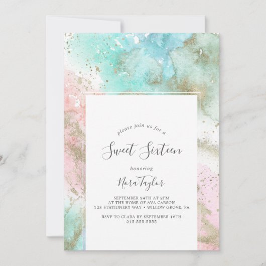 抽象芸術サマーウォーター色Sweet sixteen誕生日 招待状 (正面)