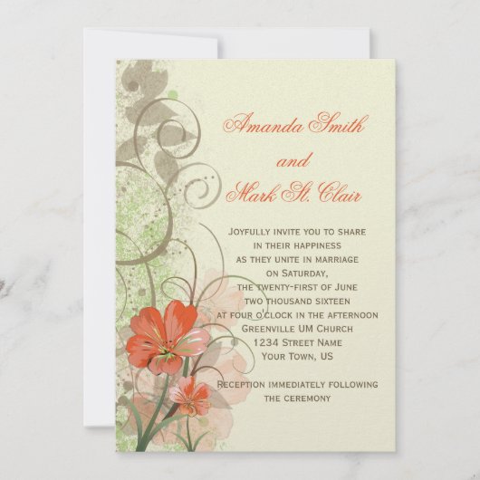 抽象芸術サンゴライム花スワーズ結婚式の招待 招待状 (正面)