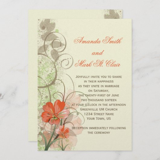 抽象芸術サンゴライム花スワーズ結婚式の招待 招待状 (正面/裏面)