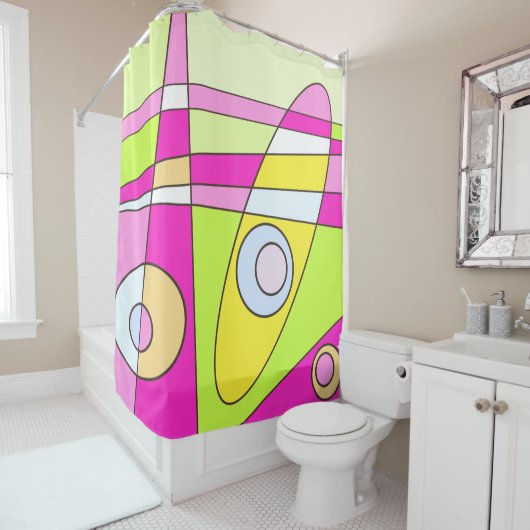 抽象芸術サーフィンブライトピンクグリーンバブルガム シャワーカーテン (インサイチュ)