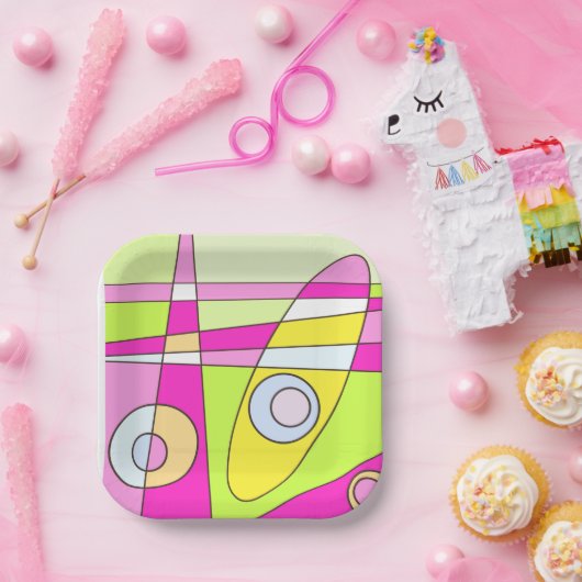 抽象芸術サーフィンブライトピンクグリーンバブルガム ペーパープレート (パーティー)