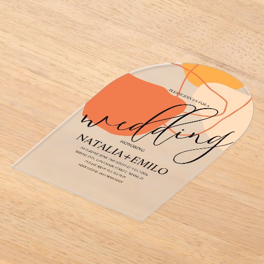 抽象芸術シェイプとラインテラコッタ結婚ズ アクリル招待状 (レイダウン)