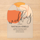 抽象芸術シェイプとラインテラコッタ結婚ズ アクリル招待状 (正面)