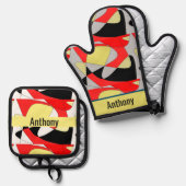 抽象芸術シェイプ – 名前オーブンミット&ポットホール 鍋つかみ&鍋敷きセット (正面/裏面)