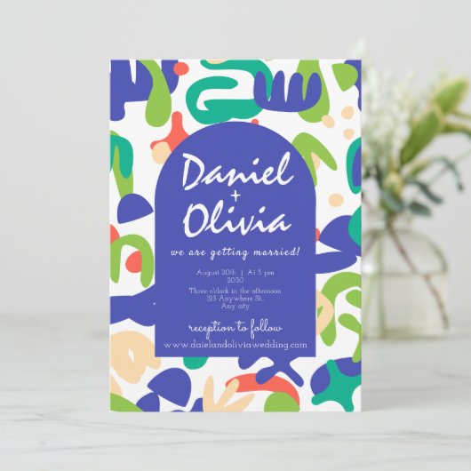 抽象芸術シェイプPhotoWeddingでシームレスなパターン 招待状 (スタンド正面)