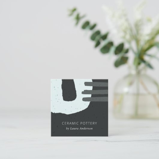 抽象芸術シックなセラミックテクスチャブラックブルー斑点 スクエア名刺 (スタンド正面)