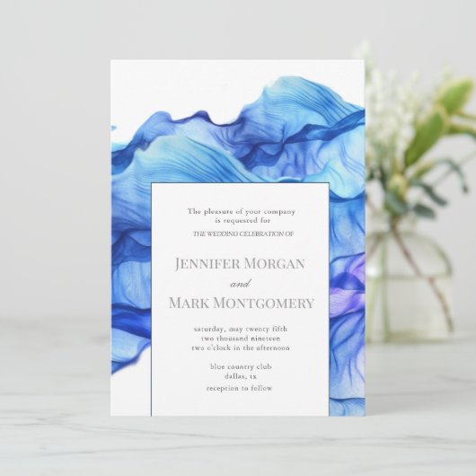 抽象芸術シルクブルー結婚式招待状 招待状 (スタンド正面)