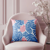 抽象芸術シンプルとモステラピンクと青のパターン クッション