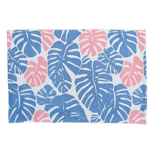 抽象芸術シンプルとモステラピンクと青のパターン 枕カバー (正面)