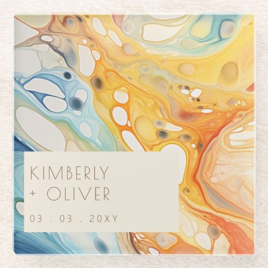 抽象芸術シーウェーブアンドサンドストーンズビーチ結婚式 ガラスコースター (正面)