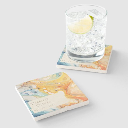 抽象芸術シーウェーブアンドサンドストーンズビーチ結婚式 ストーンコースター (横)