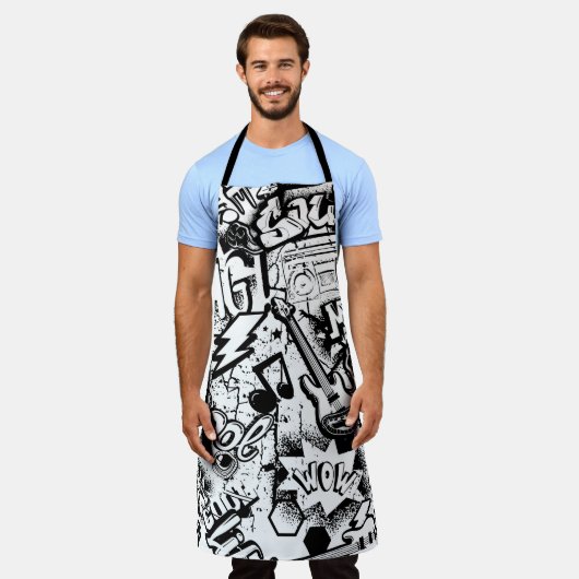 抽象芸術シームレス白黒漫画落書き エプロン (着用した状態)