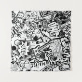 抽象芸術シームレス白黒漫画落書き  タペストリー (正面(横))