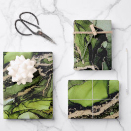 抽象芸術ジェードグリーンブラック金ゴールドアルコールインク ラッピングペーパーシート