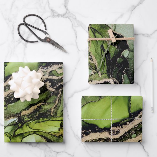 抽象芸術ジェードグリーンブラック金ゴールドアルコールインク ラッピングペーパーシート (正面)