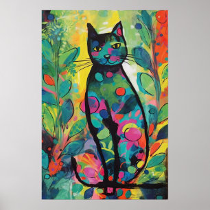 抽象芸術ジャングルカラフルの猫たち ポスター