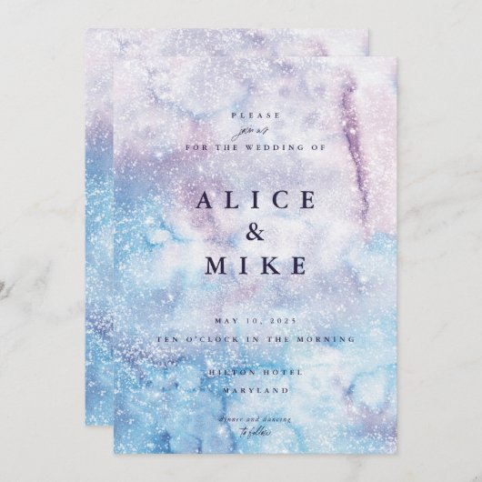 抽象芸術スカイブルー&パープルウォーターカラー銀河系インビ 招待状 (正面/裏面)
