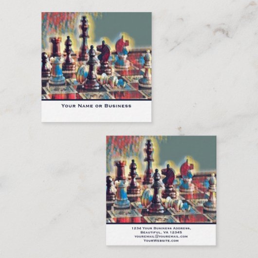 抽象芸術スタイルのチェス駒コーチクラブ スクエア名刺 (正面/裏面)
